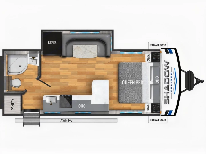 Detailed RV rental floor plan of a travel trailer. Shows queen bed, kitchen, bathroom, dinette, and exterior awning.. Cruiser RV Shadow Cruiser 2024