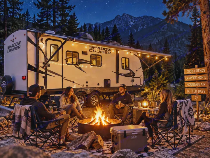 Friends gather for cozy campfire nights in nature with an RV rental, under a starry sky next to a comfortable travel trailer.. Cruiser RV Shadow Cruiser 2024