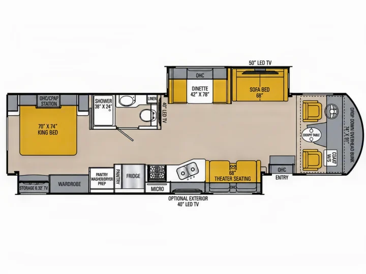 RV rental floor plan: King bed, kitchen, dinette, sofa bed, theater seating & drop-down bunk. Ideal for spacious road trips.. Coachmen Mirada 2019