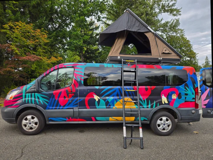 This vibrant RV rental van, featuring a tropical flamingo wrap, rooftop tent, and ladder, is perfect for your next camping adventure.. Ford Transit 2017