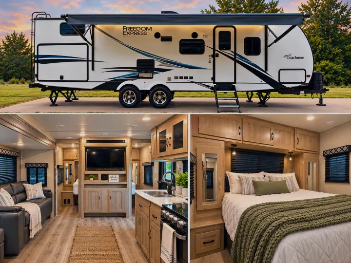Spacious RV rental: See this modern travel trailer's exterior, plus its comfortable living room, kitchen, and cozy bedroom interior.. Coachmen Freedom Express Ultralite 2021