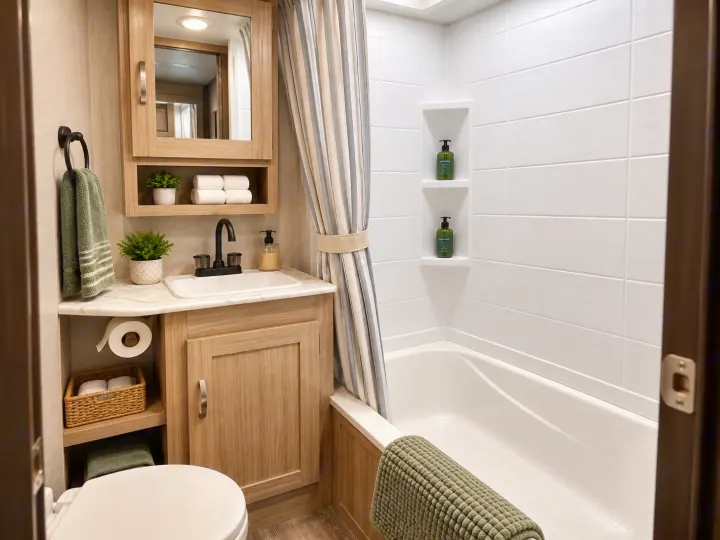 Clean, compact RV rental bathroom featuring a vanity, sink, toilet, and shower with thoughtful storage.. Coachmen Freedom Express Ultralite 2021