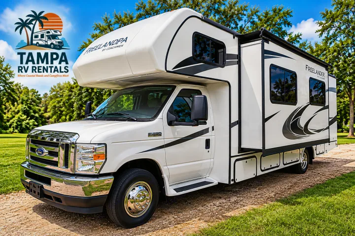 A white Freelander Class C rv rental from Tampa RV Rentals, ready for Florida's coastal roads and campfires.. Forester Classic 2021