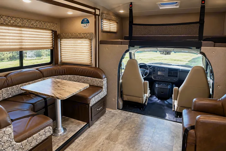 Comfortable RV rental interior: U-shaped dinette, overhead bed, and front cab view. Ideal for road trips.. Forest River Coachmen Freelander 2018
