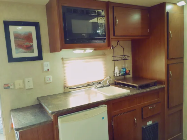 Step inside this RV rental's functional kitchenette: wood cabinets, microwave, sink, mini-fridge, and window above the counter.. Forest River Salem Cruise Lite 2014