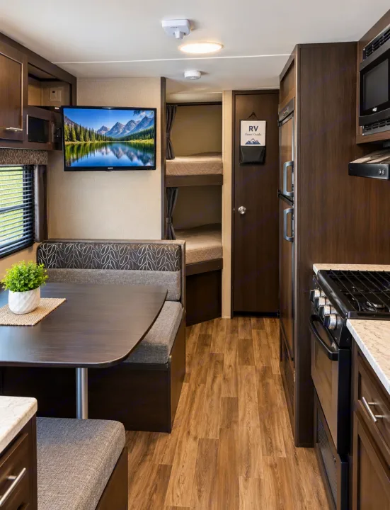 This RV rental interior features a dining area, kitchen with stove/fridge, TV, and bunk beds, perfect for travel comfort.. Keystone RV Springdale SSR 2018