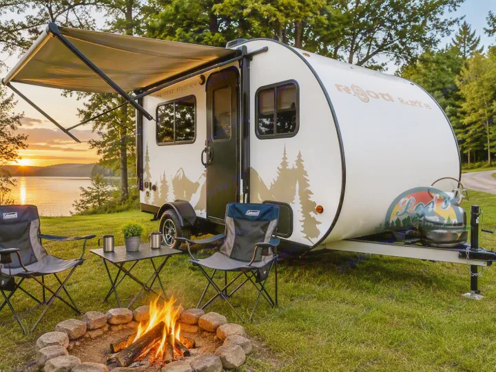 Enjoy this Forest River R-Pod rv rental by a lake at sunset, complete with a cozy campfire and camping chairs. Perfect for outdoor adventures!. Travel Lite Rove Lite 2023