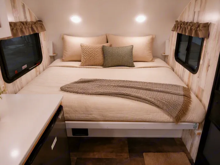 Cozy RV rental bedroom with a comfortable bed, neutral decor, and soft lighting. Ideal for a relaxing camper interior.. Travel Lite Rove Lite 2023