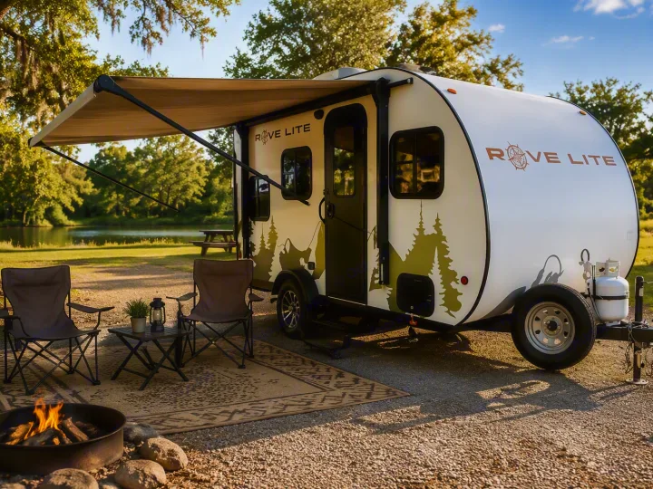 This "Rove Lite" RV rental offers a perfect camping setup by a lake, with an awning, chairs, and a cozy fire pit.. Travel Lite Rove Lite 2021