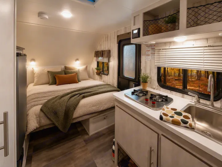 Cozy RV rental interior featuring a comfortable bed, compact kitchen with stove and sink, and scenic autumn forest views.. Travel Lite Rove Lite 2021