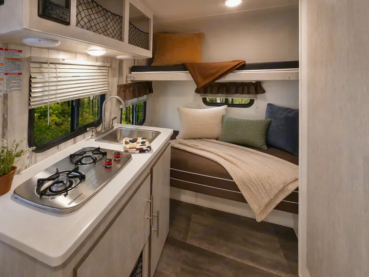 This rv rental offers a compact kitchen (sink, stove), bunk bed, and cozy sofa with pillows. Ideal for your next trip.. Travel Lite Rove Lite 2021