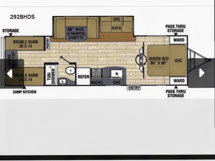 RV rental: 292BHDS travel trailer floor plan. Shows queen bed, double bunks, U-shaped dinette, kitchen, and bath.. Coachmen Coachmen Freedom Express Ultra Lite 292BHDS 2019