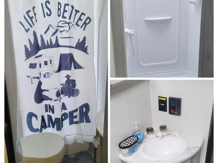 Explore this **RV rental's** bathroom, complete with a unique camper-themed shower curtain, compact shower, toilet, and vanity.. Keystone RV Hideout Sport 2024