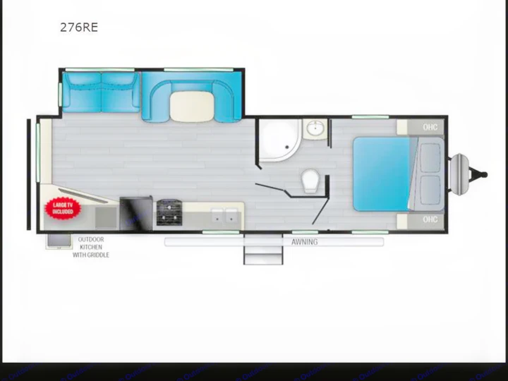 This RV rental 276RE floor plan shows a spacious interior with living, kitchen, bath, bedroom, plus outdoor kitchen & awning.. Heartland RVs Prowler 2022