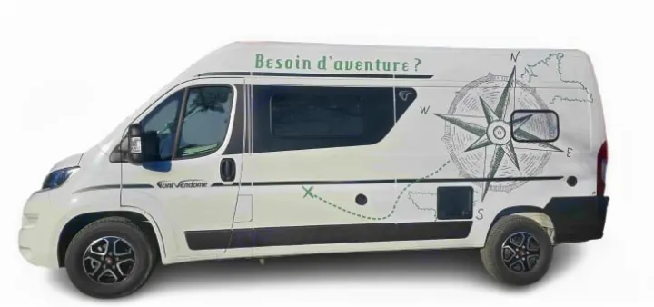 White rv rental camper van with adventure decals, compass, and map. Perfect for your next travel journey.. Font Vendôme Leader Camper Duo 2024