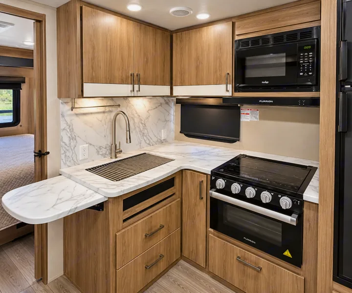 Clean RV rental kitchen with white marble-look counters, wood cabinets, sink, microwave, and stove for convenient cooking.. Grand Design Imagine 2021