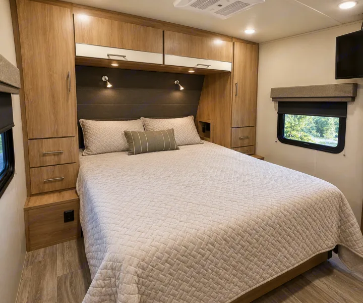 Modern RV rental bedroom with wooden cabinetry, a comfortable quilted bed, and reading lights. Enjoy the outdoor view from the window.. Grand Design Imagine 2021