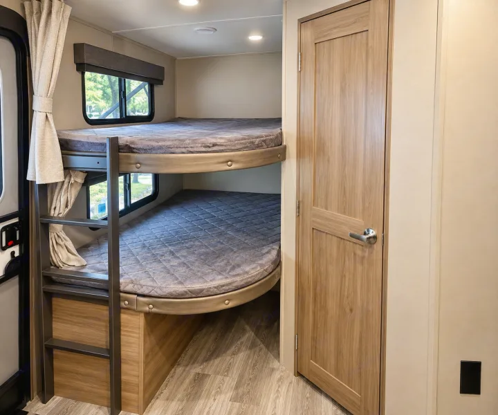 Spacious RV rental interior with cozy bunk beds, complete with a ladder, window views, and an adjacent wood-paneled door.. Grand Design Imagine 2021