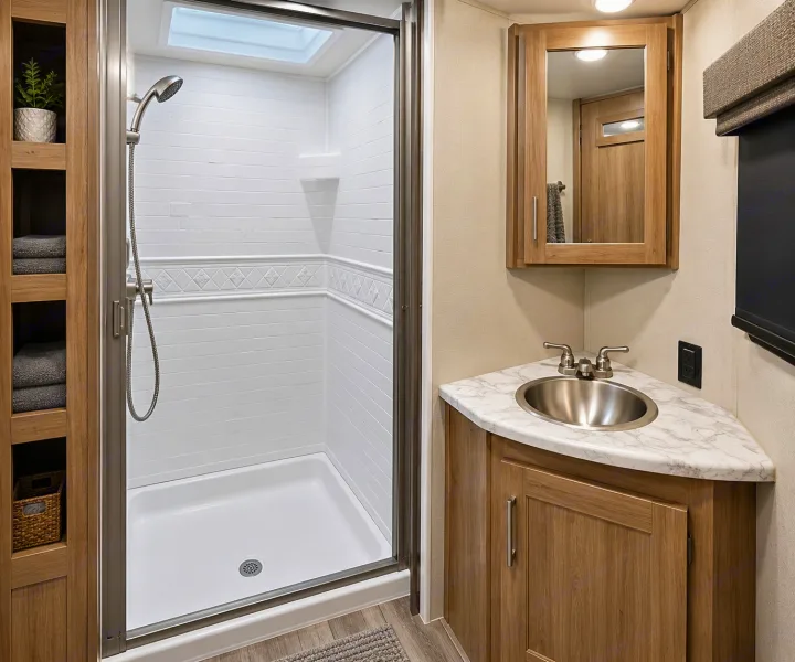 RV rental bathroom with a modern shower, corner sink vanity, and wooden shelving.. Grand Design Imagine 2021