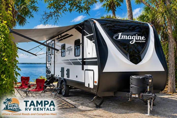 Waterfront RV rental featuring an Imagine Grand Design travel trailer, perfect for your Tampa camping getaway.. Grand Design Imagine 2021