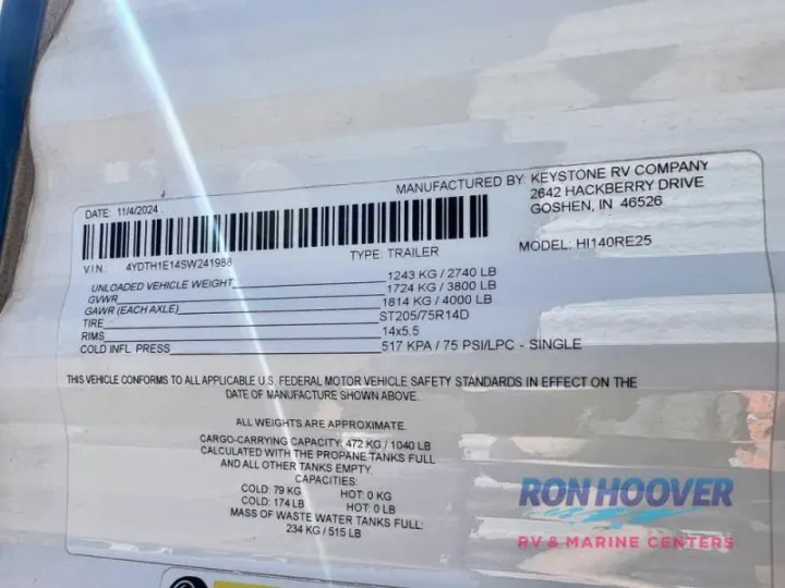 RV rental specification sticker shows VIN, weights, capacities, and model for a Keystone trailer, dated 11/4/2024.. Hideout Sport 140RE 2025