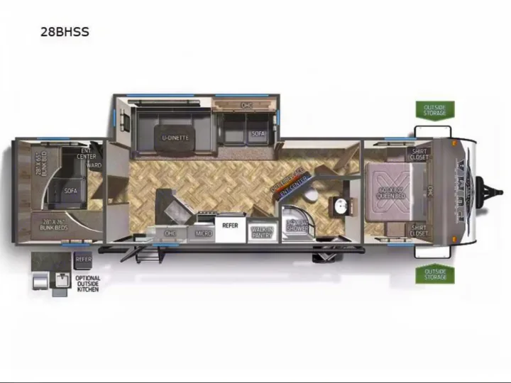 RV rental floor plan: Puma 28BHSS bunkhouse with queen bed, kitchen, and living space. Detailed interior layout for accessibility.. Forest River Palomino Puma 2021