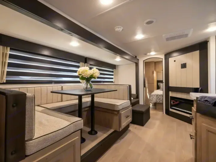 Modern rv rental interior featuring a cozy dining booth, table, and wood-look flooring. Ideal for comfortable travel.. Forest River Cherokee Grey Wolf 2026