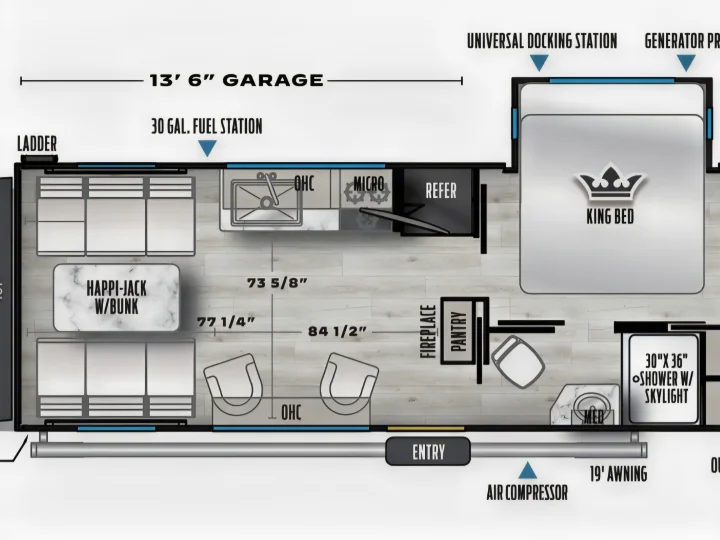 RV rental floor plan showing a 13' 6" garage, king bed, kitchen, shower, and Happi-Jack bunk setup for spacious living.. East to West Alta 2400KTH 2023