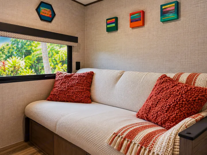 RV rental: inviting interior with a cozy couch, chunky knit pillows, striped throw, and lush window view.. Gulf Stream Conquest 2022