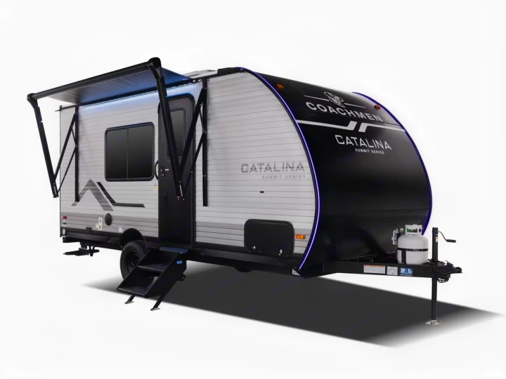 This Coachmen Catalina travel trailer RV rental, with a deployed awning and blue LED lights, is ready for adventure.. Coachmen Catalina Summit 2024