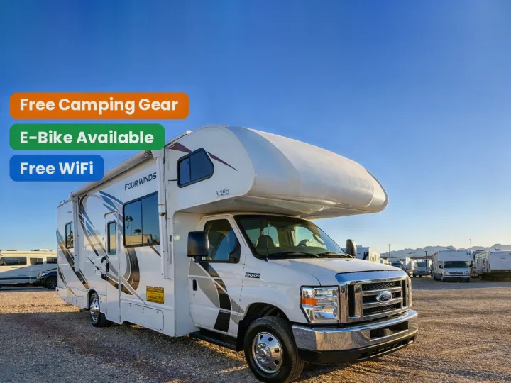 This white Four Winds RV rental motorhome includes free camping gear, an e-bike, and WiFi for your adventure.. Thor Four Winds 2019