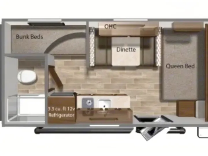 RV rental floor plan: queen bed, bunk beds, dinette, kitchen with fridge, & bath. Perfect for family adventures.. Coleman Lantern 17b 2023