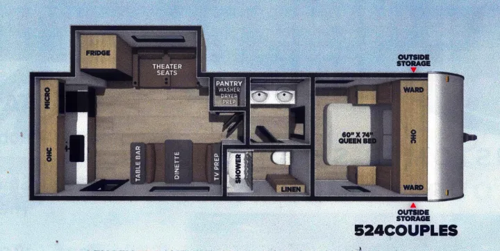 This detailed RV rental floor plan for the 524COUPLES model showcases a queen bed, kitchen, dinette, and theater seating.. Coachmen Shasta 2027