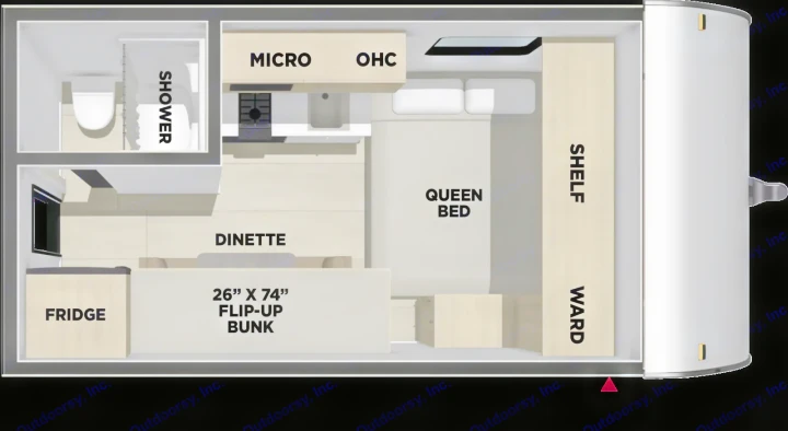 RV rental floor plan: queen bed, dinette, kitchen, shower, fridge, and flip-up bunk for comfortable travel.. Coachmen Shasta 2027
