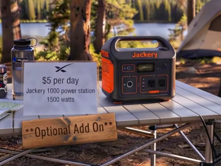 An optional Jackery 1000 power station (1500W) is available for your rv rental at $5/day, pictured on a table.. Travel Lite Rove Lite 2023