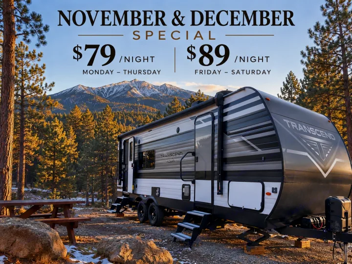 RV rental special: $79-$89/night for this Transcend travel trailer in a scenic mountain and forest setting during Nov-Dec.. Grand Design Transcend Xplor 2022
