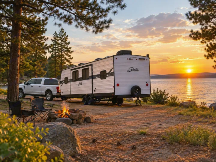 Enjoy your RV rental! This Shasta travel trailer is set up by a lake at sunset with a cozy campfire for camping.. Forester Shasta 2025