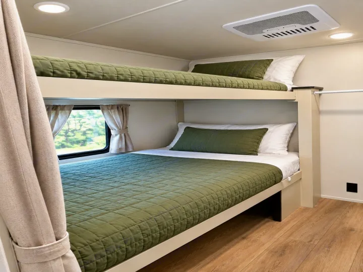 Comfortable bunk beds with green bedding and window views in this cozy RV rental, complete with AC for family travel.. Forester Shasta 2025