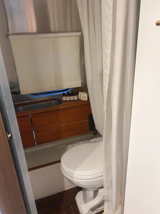 RV rental bathroom featuring a compact toilet, sink, window with shade, toiletries, and a shower curtain.. Airstream sport 2019