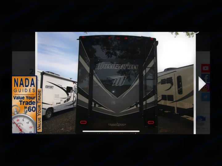 NADA Guides ad for RV trade value. Features a Momentum RV (toy hauler) and an Odyssey RV. Useful for rv rental or buying decisions.. Grand Design Momentum Toy Hauler 2020