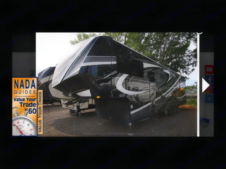 A large, black and white fifth-wheel RV is featured, evaluated by NADA Guides. This type of RV is ideal for an rv rental.. Grand Design Momentum Toy Hauler 2020