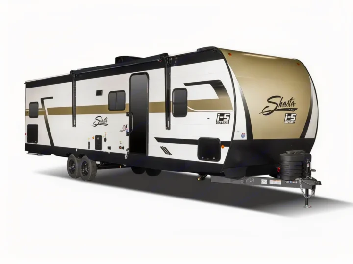 This Shasta travel trailer, perfect for an rv rental, features a stylish white and gold exterior viewed from the side.. Coachmen Shasta 2027