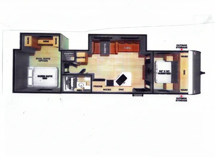 RV rental floor plan: Dual queen beds, kitchen with pantry & appliances, bath with shower, dinette, sofa, desk, & storage.. Coachmen Shasta 2027