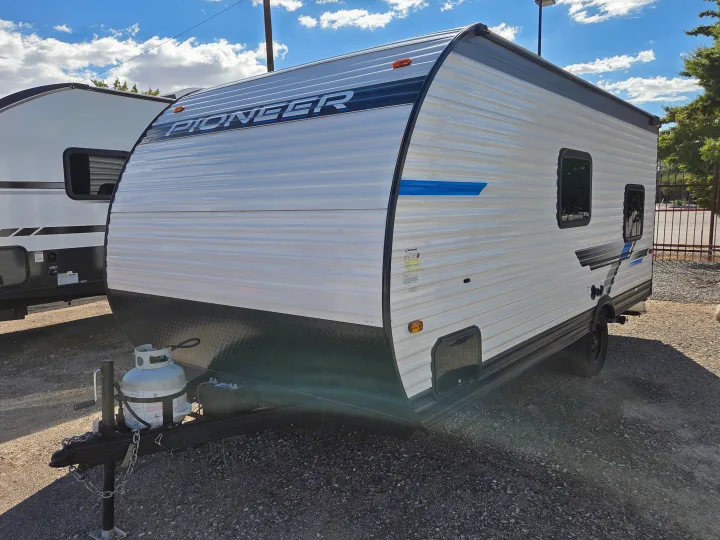 White Pioneer travel trailer for your next RV rental getaway or camping trip.. Heartland RVs Pioneer 2025