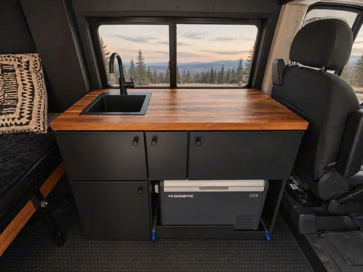 Stylish rv rental interior: black kitchenette with sink, wood counter, Dometic fridge, and a mountain view window.. Dodge Ram 1500 2020