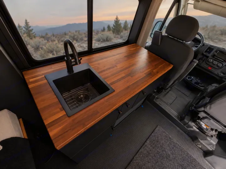 RV rental: Modern camper van interior showing a dark wood countertop with a black sink, overlooking scenic mountain views.. Dodge Ram 1500 2020