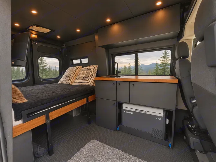 RV rental: Modern camper van interior with comfy bed, sleek kitchen, Dometic fridge, and forest views. Ideal for adventure.. Dodge Ram 1500 2020