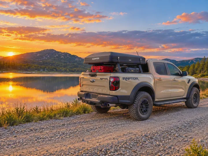 Adventure awaits! Tan Ford Ranger Raptor with a rooftop tent by a lake at sunset. Explore with an off-road RV rental.. Ford Ranger 2025