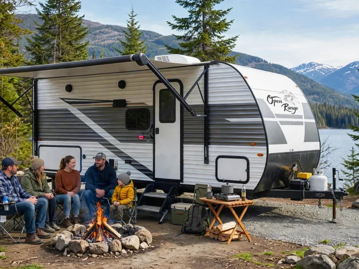 An RV rental offers memorable camping. Family and friends gather by a campfire with their Open Range travel trailer and lake views.. Highland Ridge RV Open Range 2024