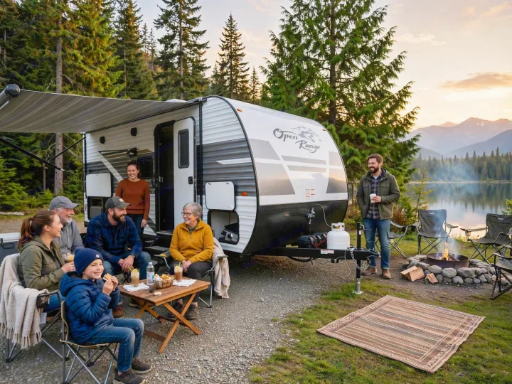 Family enjoys their cozy rv rental camping trip beside a lake, with a warm campfire glowing under mountain sunset.. Highland Ridge RV Open Range 2024